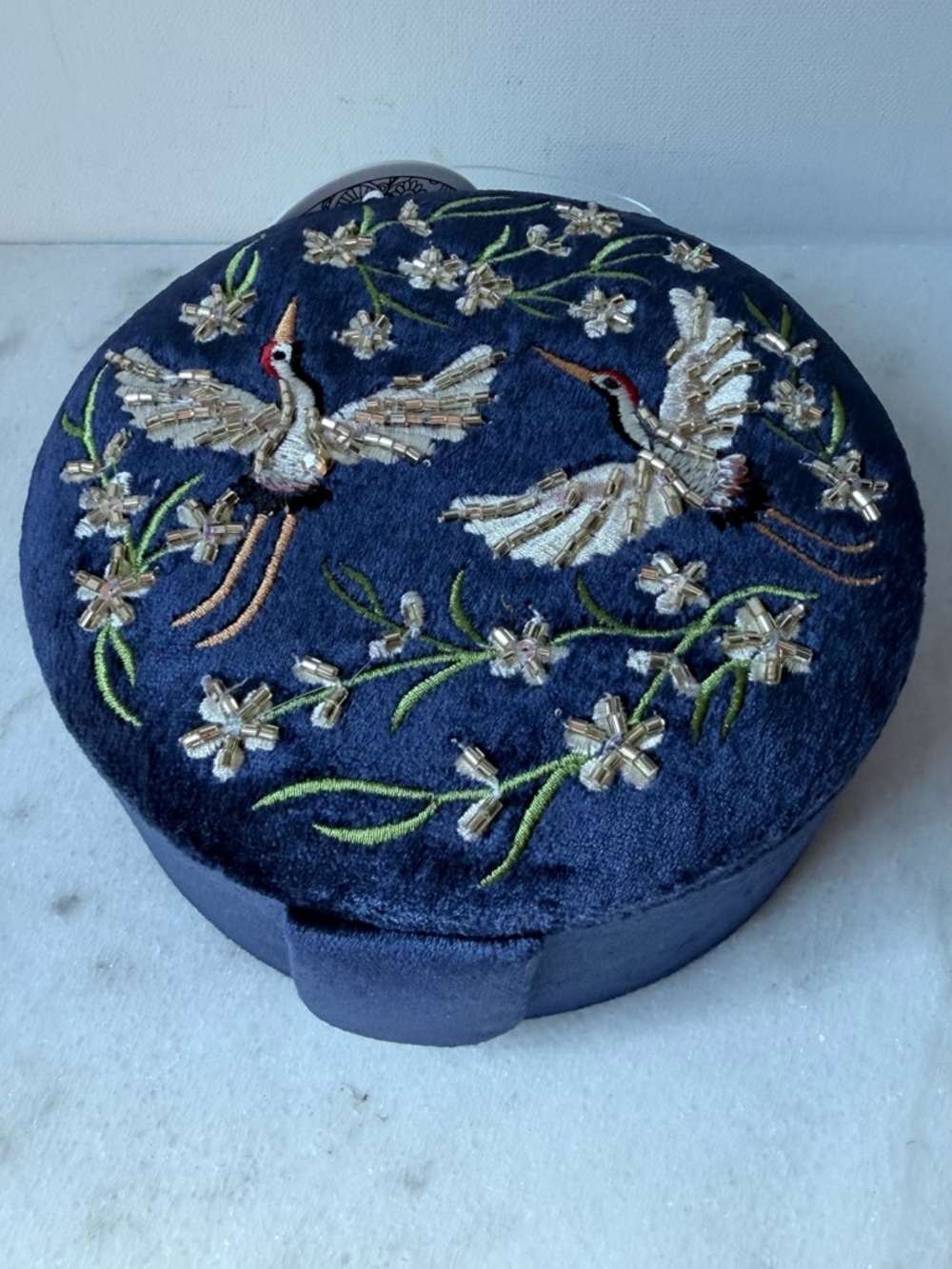 Embroidered Navy Velvet Decorative velvet Jewelry Box with Crane Motif travel
